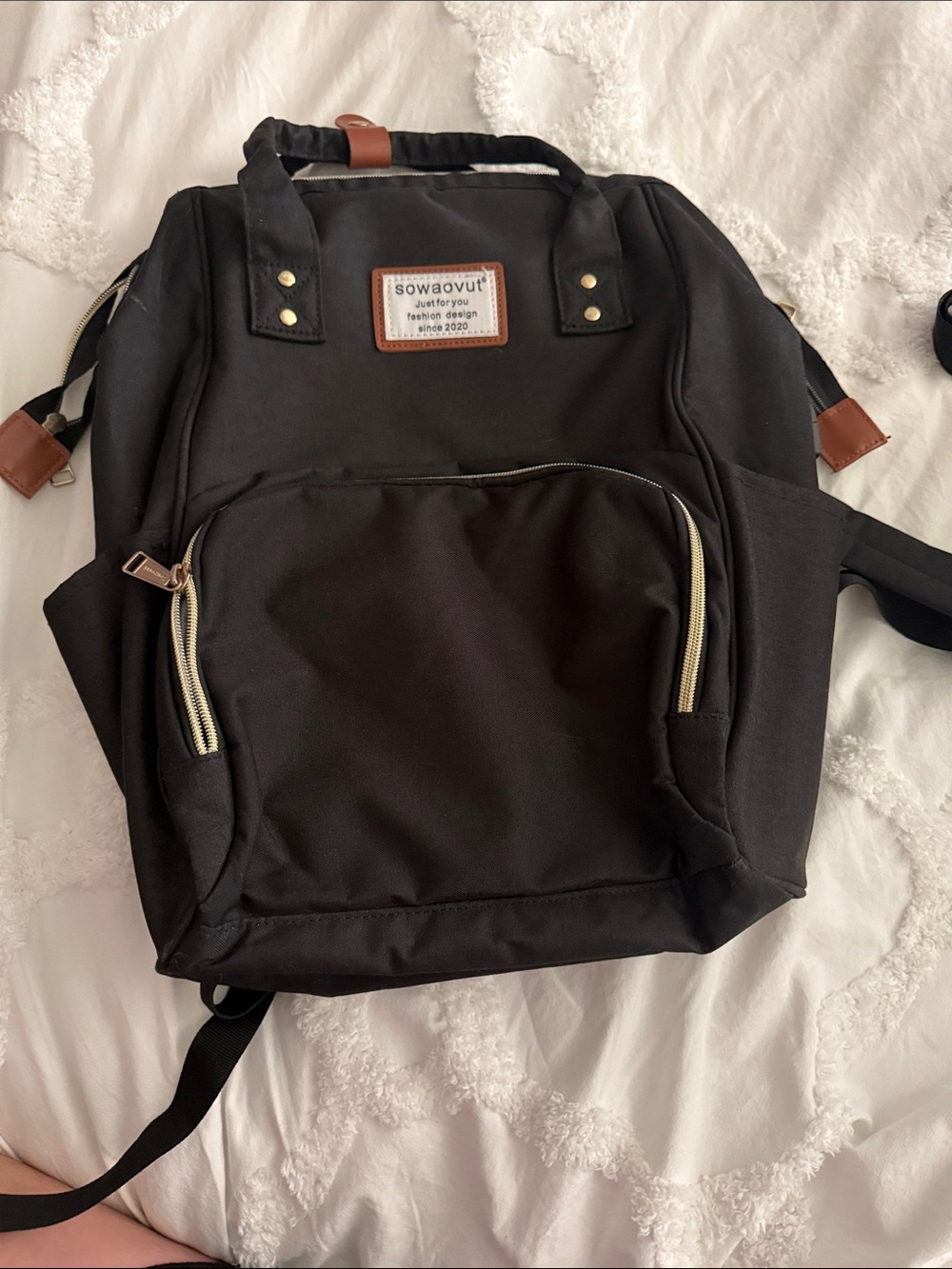 Black Backpack Tote with Brown Accents